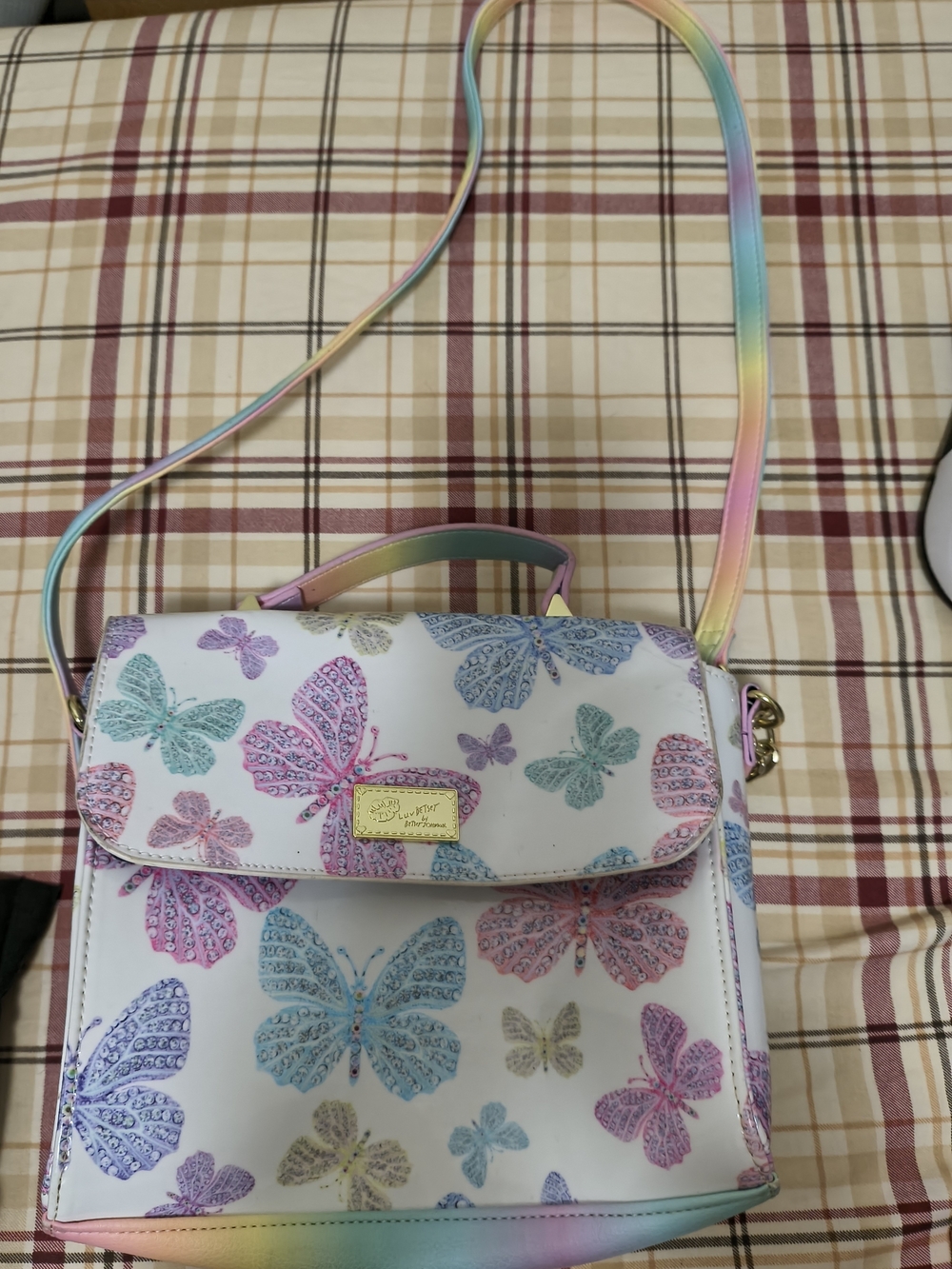 Betsey Johnson Pastel Butterfly Crossbody Satchel - Rainbow Strap on White
